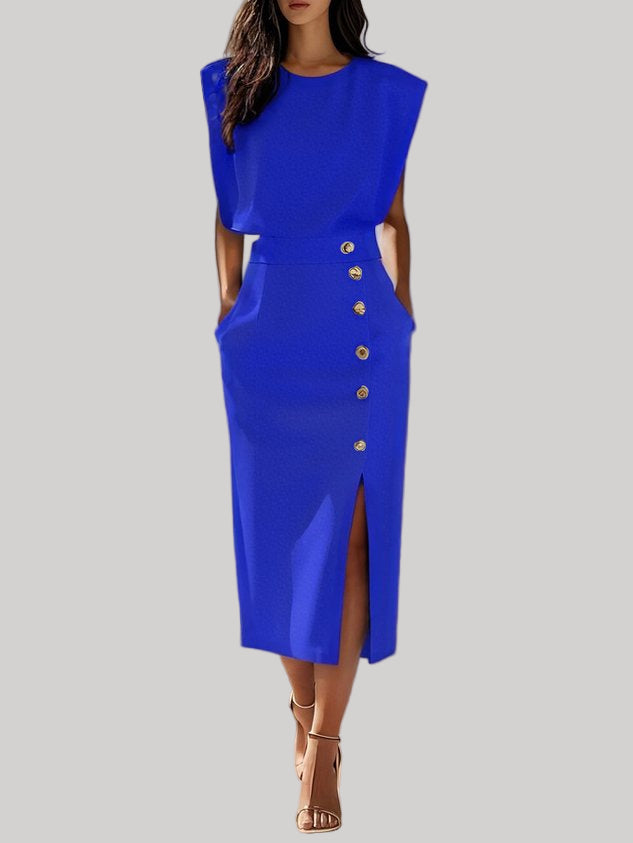 Button-Slit Midi Dress