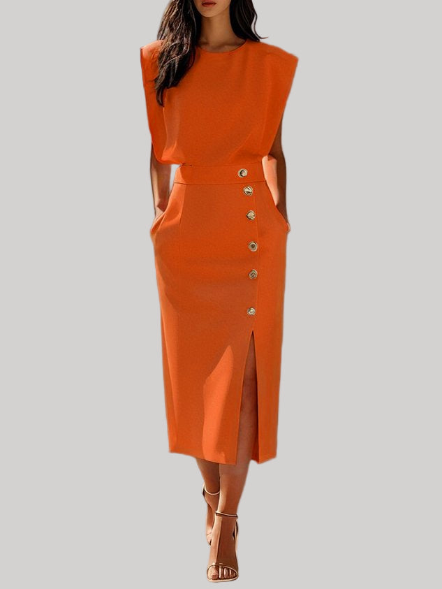 Button-Slit Midi Dress