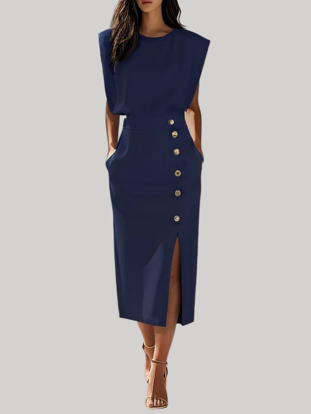 Button-Slit Midi Dress